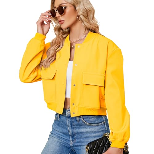 Zando Yellow Spring Jackets for Women 2026 - Bomber Jackets for Women Button Down Cropped Jacket Womens with Pockets Long Sleeve Varsity Jacket Womens for Daily Outdoor Travel Party School Yellow M