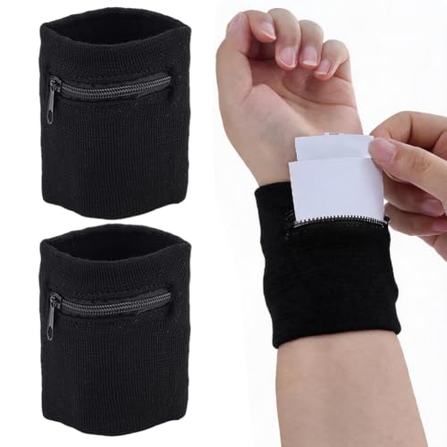 CREATCABIN 2Pcs Black Wrist Wallet Wristband with Zipper 3x3Inch