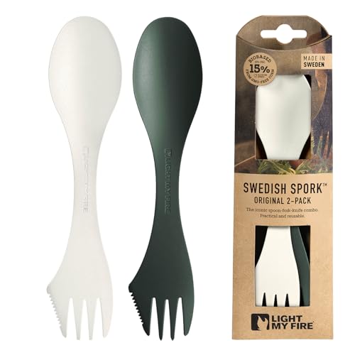 Light My Fire Spork Original 2-Pack 3-in-1 Camping Accessories Knife Fork Spoon Set Survival Camping Gifts for Scouts Reusable Travel Cutlery Set Quality Plastic Cutlery BPA Free Sporks Green/Cream