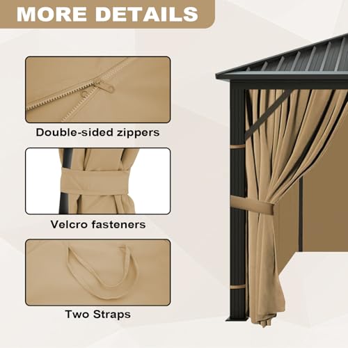 10’x12‘ Gazebo Curtains Outdoor Waterproof, Universal Replacement Curtain 4-Panels, Sidewalls with Zipper for Garden, Patio, Yard (Only Curtains) (Khaki, 10x12) by slashome - Image 4