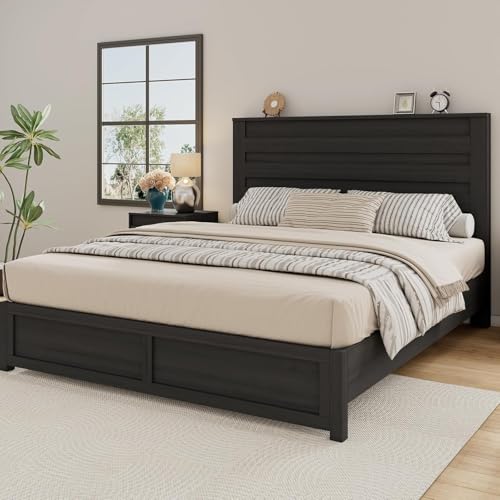 Albott King Size Farmhouse Bed Frame with 49" Headboard, Platform Bed Frame with Wood Slats Support/No Box Spring Needed/Easy Assembly, Black