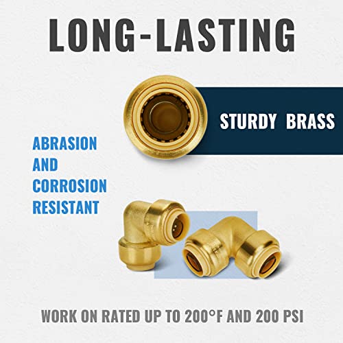 Image of SUNGATOR Push 1 /2 inch 90-Degree Elbow(5 PCS), 3 /4 inch Elbow(3 PCS), Brass, 8-Pack | Push to Connect Plumbing Fittings Set, for Pex Pipe, Copper, CPVC, with 2 Disconnect Clips