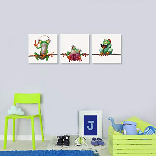 Frog Stuff Room Decor Poster: 3 Panels Framed Smart Frogs Reading Books On Tree Cute Frog Art With Glasses Picture Frog Cavans Wall Art Decorations Gifts For Office Kids Bedroom Bathroom 12"X12"X3 #TOP3