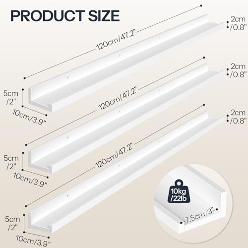 Image of HOOBRO Floating Shelves, Wall Shelf Set of 3, 47.2 Inches Hanging Shelf with Raised Edge and Invisible Brackets, for Bathroom, Bedroom, Kitchen, Office, Living Room Decor, White WT92BJ01