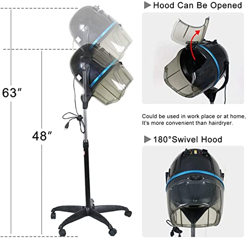 Jupiterforce Professional 1300W Adjustable Hooded Floor Hair Bonnet Dryer Stand Up Hair Dryer With Timer Swivel Caster Rolling Base For Home Salon Spa Hair Drying Beauty Use, Black #TOP3