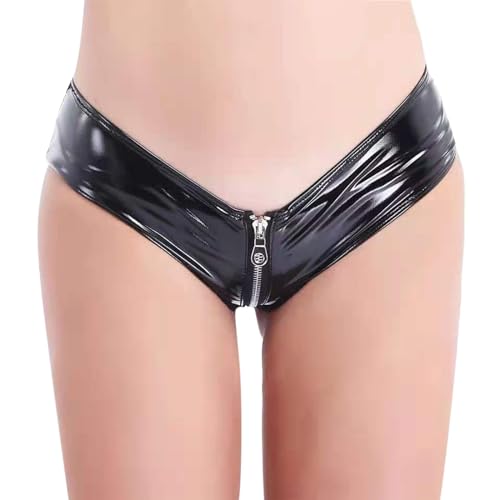 Lingerie Sexy Femme Coquine Hot, Short Amusant en Cuir PVC Brillant Fermeture éclair Sexy fichier Ouvert (Black M)
