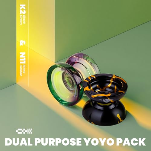 Image of MAGICYOYO Professional Yoyo Set N11+K2, Responsive Yoyo & Unresponsive Yoyo for Kids 8-12, Advanced, Pro Yoyo with 12 Yoyo Strings,Yoyo Bag,Yo-Yo Accessory Kit (N11 Black Golden+ K2 Black Green)