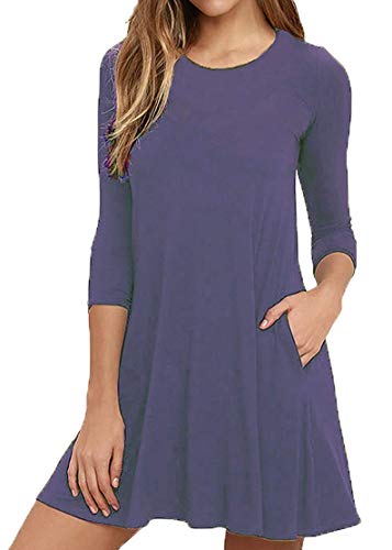 VIISHOW Womens Round Neck 3/4 Sleeves A-line Casual Tshirt Dress with Pocket Purple Grey Large