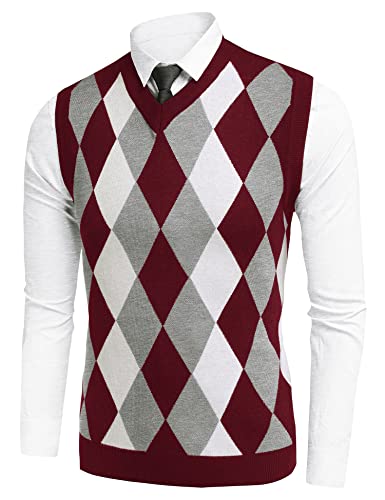 Amussiar Autum Fashion Designer Argyle Pullover Diamond Sweater V Neck Knit Vest Sleeveless Casual Men Clothing Wine Red #TOP2