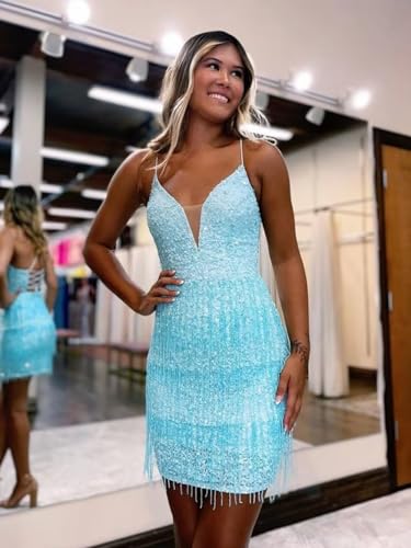 Sparkly Sequin Homecoming Dresses with Tassel for Teens Spaghetti Straps V Neck Short Prom Dresses Backless3