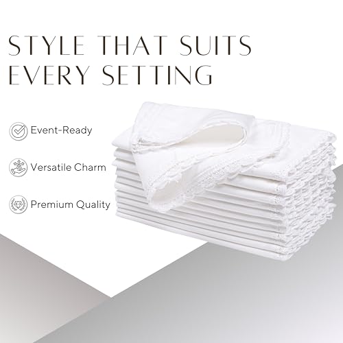 Ramanta Home Decorative Cloth Dinner Napkins Set of 4, 20x20 Inch White Lace Flax Cotton Napkins with Mitered Corners, Oversized Use, Parties, Weddings, Spring, Easter Cloth Napkins