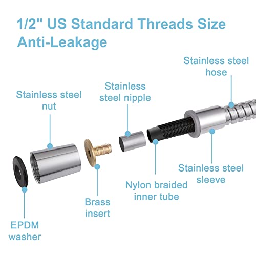 Offo Shower Hose, 48 Inch Bidet Hose High Pressure Explosion Proof Toilet Hose For Bidet Sprayer Stainless Steel Electroplating Handheld Shower Hose Flex Hoses Extension With Woven Inner Tube, Chrome #TOP3