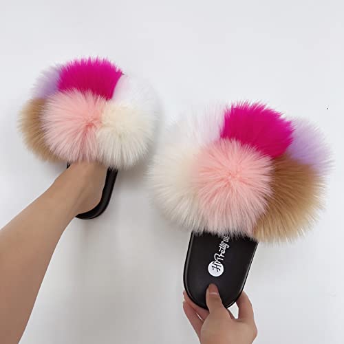 Image of Women's Faux Fur Slides, Open Toe Cute Fur Slippers, Indoor or Outdoor Comfortable Furry Slide Sandals With Fluffy Fur