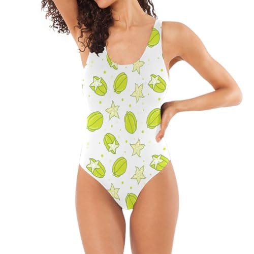 LI ZHI XIN Frauen Einteiliger Badeanzug Bademode Damen Mit Cups Badeanzüge U- Ausschnitt Sexy Rückenfrei Swimsuit Grünes Frucht- Sternfrucht- Muster