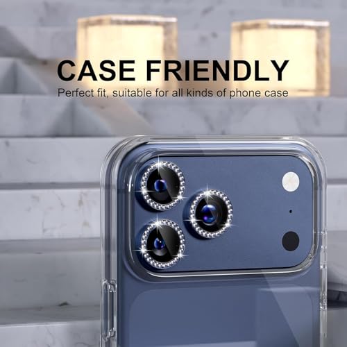 Image of Choiche Compatible for iPhone 17 Pro /iPhone 17 Pro Max Camera Lens Protector Bling, 9H Tempered Glass Camera Cover Screen Protector Metal Ring Decoration Accessories (Diamond-Blue)