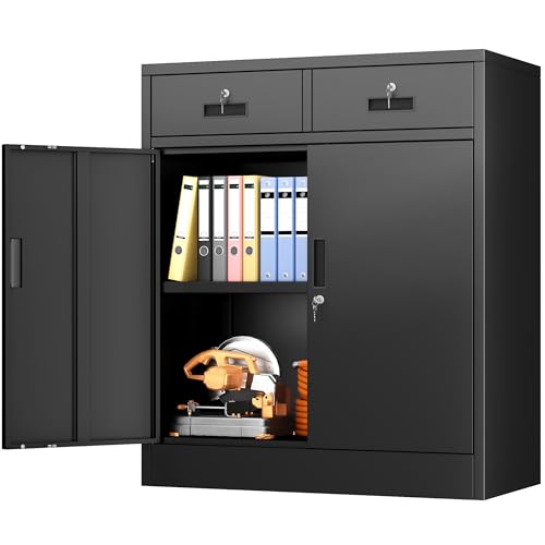 BESFUR Metal Storage Cabinet, Garage Storage Cabinet with 2 Drawers and Adjustable Shelf, Locking Short Storage Cabinet for Office Garage Home, Black Metal Cabinets(36" H x 31.5" W x 16" D)