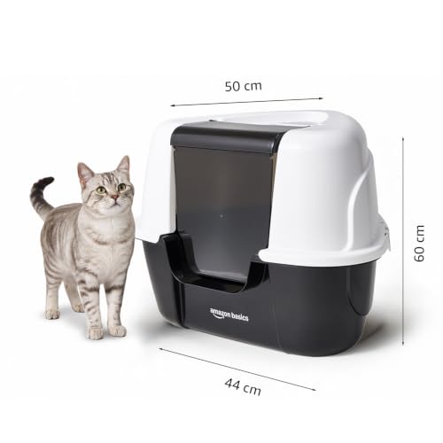 Image of Amazon Basics No-Mess Enclosed Cat Litter Box | Large Covered Litter Tray with Privacy Hood | Easy Clean Cat Washroom for Indoor Cats | White + Black | 44 X 50 X 60 cm