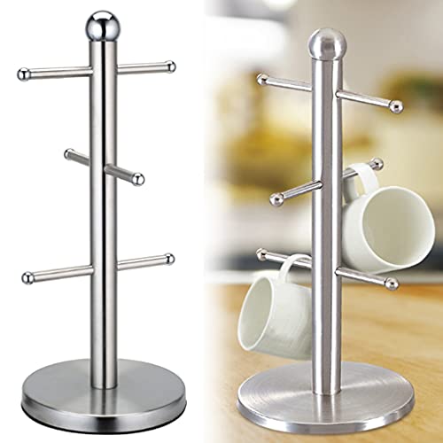 6 Cup Mug Tree Holder Tabletop Coffee Tea Kitchen Storage Rack Silver With Non-Sip Base Drinkware Shelf For Home Kitchen Mug Rack Tree Stainless Steel Countertop Stand Cabinet Holder Shelf Coffee Cup - Thumbnail 2