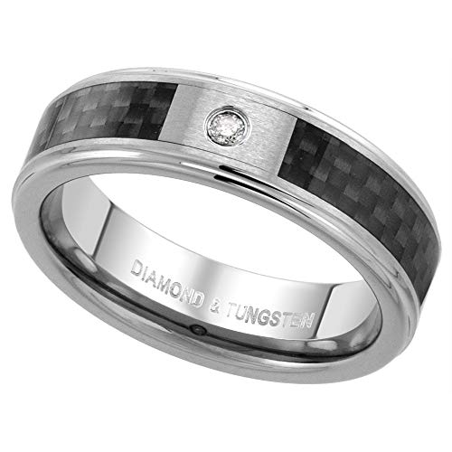 6mm Tungsten Diamond Wedding Ring for Him & Her Black Carbon Fiber Inlay Beveled Comfort fit size 8.5
