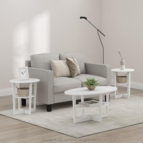 Furinno Jaya Side Table Set of 2, 2-Tier Round End Table with Oval Tabletop, Night Stand, Bedside Table with Open Shelf, for Living Room, Bedroom, White by Furinno - Image 2