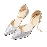 [OZBERLI] レディース パンプス 美脚 ハイ ピン ヒール 6cm 結婚 式 パーティー おしゃれ 可愛い パール ストラップ 華やか 女性 ドーセイ 結婚式 パーティ ハイヒール 大人 靴 シューズ 細い フォーマル アンクレット 綺麗 安定 脚長 足長 上品 エレガント ドレス スカート 用 高 (シルバー, 日本の靴のサイズ寸法, 大人, 数値, 24.0 cm)