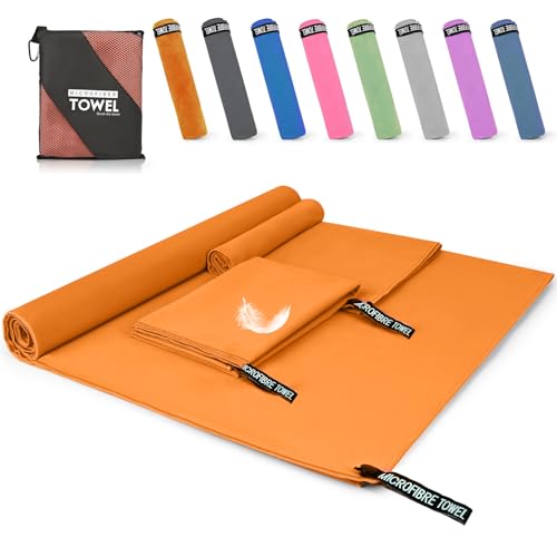 Pfloge® Toalla Microfibra Juego de 3, 180x80 CM Toalla Gimnasio + 2 Pcs 80x40 CM Toalla Pequeña, Secado Rápido, Toalla de Viaje Ligera para Fitness, Viajes, Playa, Yoga y Sauna(Naranja)