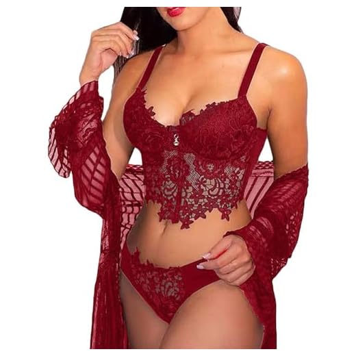 Yutdeng Lingerie Femmes Ensemble de Lingerie en Dentelle pour Dames et String Ensemble de sous-vêtements féminine Dentelle de Soutien-Gorge Push-Up,VIN,XL