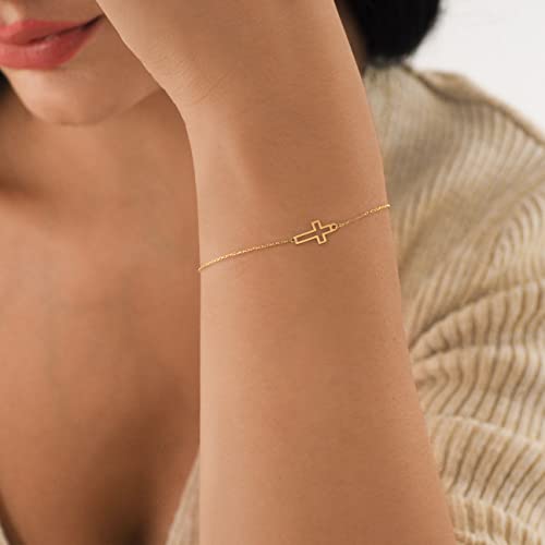Mionza Jewelry 14K Solid Gold Cross Bracelet For Women, Teen Girls, Baby | Real Gold Sideways Adjustable Cross Bracelet | Gold Plated Bracelet For Women | Christian Baptism Gift (Solid Gold) #TOP2