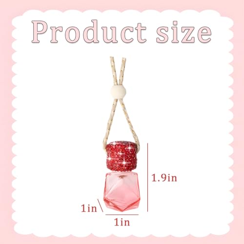 Image of Bling Car Hanging Bottle, 2PCS Crystal Rhinestone Empty Clear Vehicle Essential Diffuser Glass Pendant with Wooden String, Diamond Auto Interior Oil Vase Decor, Universal Fit (Red)