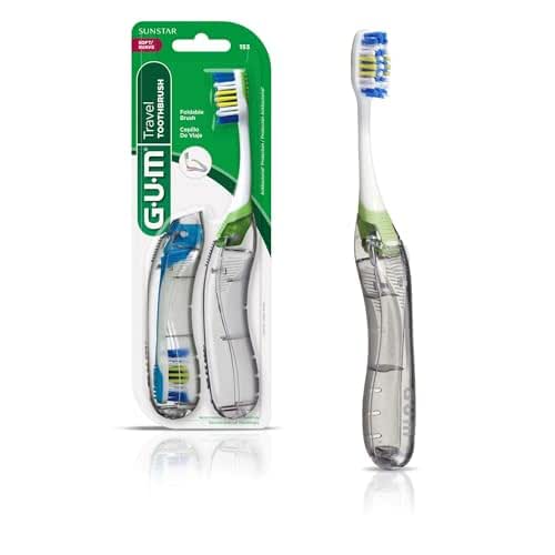GUM Folding Travel Toothbrush, Compact Head + Tongue Cleaner, Soft