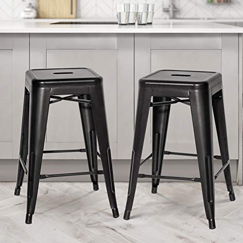 Jummico Metal Bar Stool 24 Inches Indoor Outdoor Industrial Barstools Stackable Counter Height Modern Vintage Backless Bar Stools Set Of 4 (Black) #TOP2