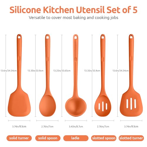 13.6" Silicone Kitchen Utensil Set: U-Taste 600ºF Heat Resistant Cooking Gadgets, BPA Free Dishwasher Safe Solid & Slotted Turner and Spoon, Soup Ladle for Non-Stick Cookware(Set of 5, Orange) by U-Taste - Image 2