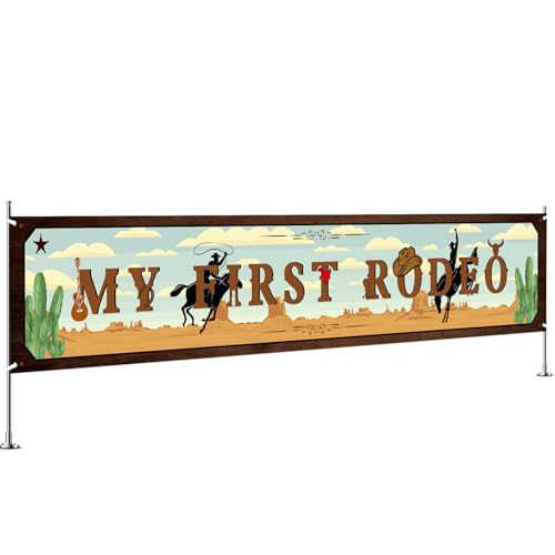 INNORU Large My First Rodeo Banner, Cowboy Cowgirl Birthday Party Lawn Yard Sign Western 1st Birthday Rodeo Banner Mexican Rodeo Party Decorations Supplies Indoor Outdoor 9.8 * 1.6 ft