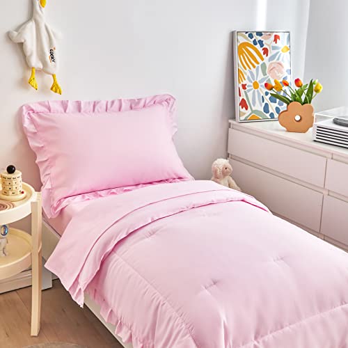 4 Pieces Pink Toddler Bedding Set With Ruffle Fringe, Solid Color Toddler Bed Set - 1 Toddler Comforter + 1 Fitted Sheet +1 Flat Sheet +1 Pillowcase For Baby Boys And Girls #TOP4