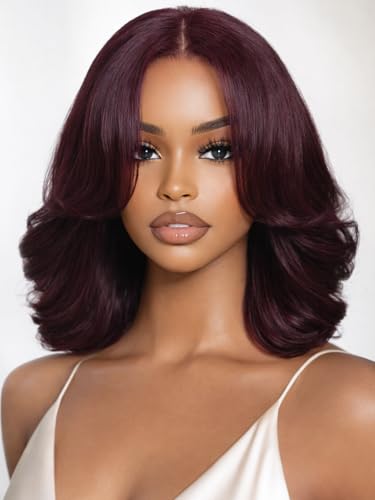 UNICE Black Cherry Body Wave Bob Wig Human Hair 7x5 Glueless Lace Front Drawstring Wig Pre Plucked Pre Cut with Curtain Bangs 12 inch