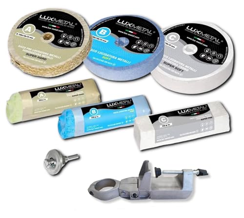 Lux Metal Kit Lucidatura 3 Disco Lucidatura 100 mm e 3 Pasta Abrasiva Lucidante 250 gr Supporto per Trapano Alluminio Mola Dischi Per Lucidare Acciaio Inox Metalli Cotone Set Lucida Cromature Ottone