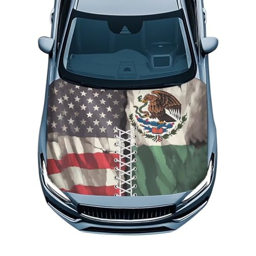 Image of American Mexican Flag Car Hood Cover Stretchable Polyester,Engine Cover,Elastic Fabrics Can be Washed,Car Bonnet All-Season Protection