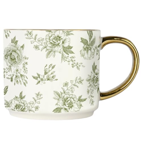 Sweet Water Decor Green Delft Coffee Mug, Vintage Green Floral Design with Gold Handle & Rim, 14oz Fine Bone China Tea Cup, Cute Gifts for Mother's Day, Baby Shower, Christmas & Mom's Birthday