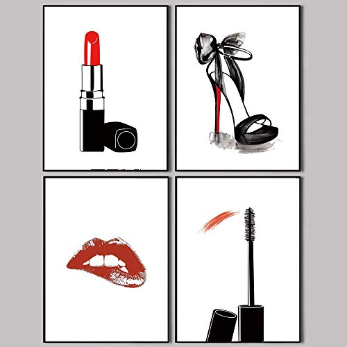 Set Of 4 - Fashion Makeup Art Print Painting For Women Gifts Poster Pictures,Fashion Lipstick,Mascara,High Heels, Fashion Wall Art Canvas Poster For Girls Room Decor.(Unframed,8"X10") #TOP1