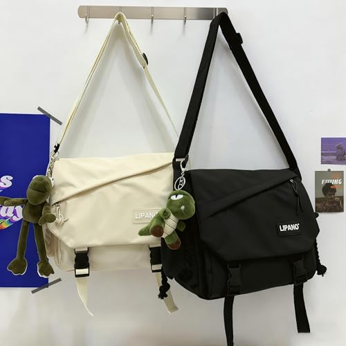 Image of Aesthetic Crossbody Bag with Cute Pins and Ornament, Nylon Shoulder Messenger Bag Japanese Kawaii Bag for Women Men