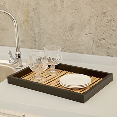 Decorative Tray Rectangle Rattan Trays With Black Wooden Frame , Wood Serving Tray For Coffee Table, Living Room Table, Kitchen Countertop 14'' X 10'' X1.8'' #TOP1