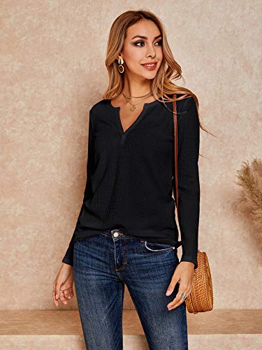 Women's Henley Shirts V Neck Waffle Knit Casual Long Sleeve Pullover Sweater Blouses Black