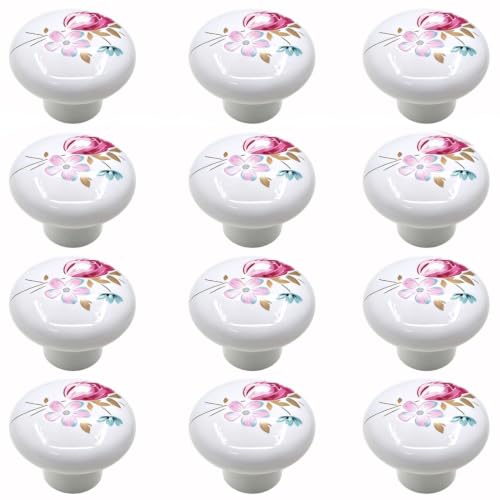 Tverghvad Ceramic Hand Painted Drawer Knobs, [12 Pack] Vintage Flower Painted Dresser Knobs, Kitchen Cabinet Knobs and Pulls (Pink, 12 Pieces)