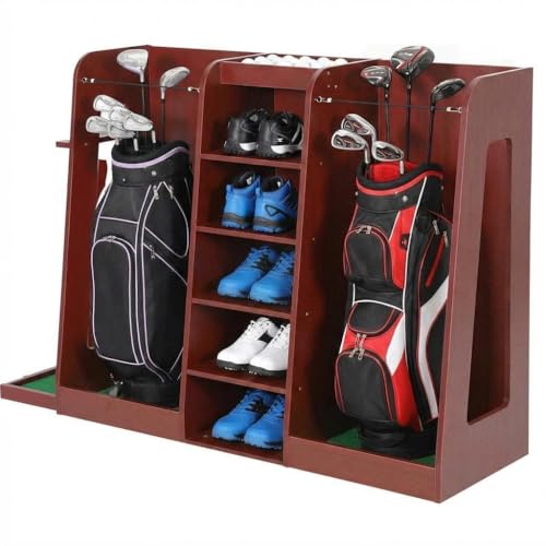 ActiveTrail Wooden Golf Storage Organizer for Garage, Golf Bag Holder Rack, Holds 2 Golf Bags and Multiple Golfing Equipment Accessories