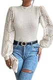 Chvity Women’s Sunflower Lace Floral Waffle Knit Top Long Sleeve Crewneck Solid Pullover