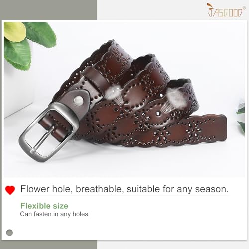 JASGOOD Women Hollow Flower Leather Belt for Jeans Pants Soft Leather Belt with Solid Pin Buckle2