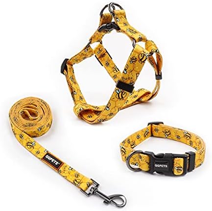 Dog Harness Collar Leash Set - No Pull Pet Adjustable Back Clip Halter Basic Collar Heavy Duty 5FT Anti-Twist Leash for Extra Small Puppy Medium Large Breed Training Easy Walk Running (Yellow Bee, S)