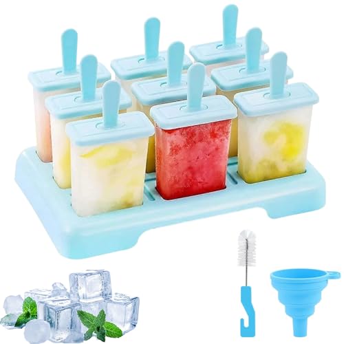 9 Cavidades Moldes Para Helados Con Palo, Moldes Helados, DIY Molde Helado, con Cepillo De Limpieza Y Un Embudo (Azul)