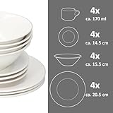 alpina Geschirrset 4 Personen Fruhstück - Teller- und Schüssel Set - Steingut Geschirr Set - Frühstücksteller, Schüsseln, Tassen und Untertassen - Mikrowellen- und Spülmaschinenfest - Weiß