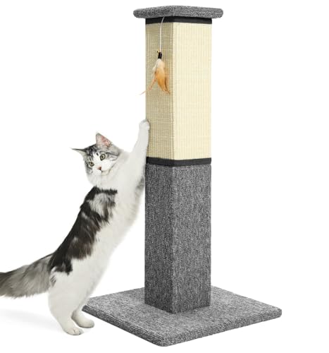 Made4Pets Cat Scratching Post, 32 Inch Natural Sisal & Carpet Covered Cat Scratcher with Kitten Toy, Dual-Material Tall Scratching Post for Indoor Cats Adults and Kittens, Beige